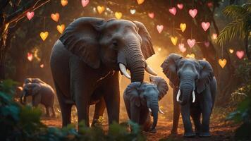 A serene scene of elephants in a forest adorned with heart-shaped decorations. photo