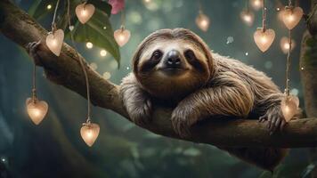 A sloth resting on a branch surrounded by heart-shaped lights in a lush forest setting. photo
