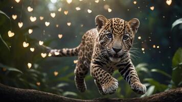 A leopard cub leaps through a lush jungle, surrounded by floating heart-shaped lights. photo