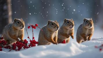 A group of playful squirrels running through snowy terrain with red berries. photo