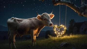 A cow stands under a starry sky, with a glowing heart decoration hanging from a tree. photo