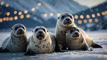 Four seals lounging on ice with a blurred background of lights and mountains. photo