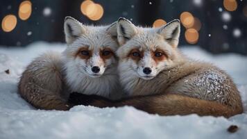 Two foxes cuddling in the snow with a blurred background of lights. photo