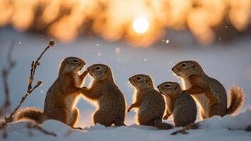 Five squirrels play in the snow at sunset, creating a warm and lively winter scene. photo