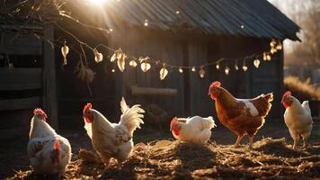 A serene farm scene featuring chickens in golden sunlight near a rustic barn. photo