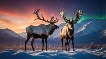 Two reindeer stand in a snowy landscape under a colorful aurora borealis. photo
