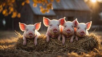 Four adorable piglets resting on straw in a serene rural setting at sunset. photo