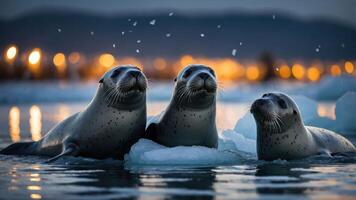 Three seals resting on ice in a serene, twilight setting with blurred lights in the background. photo