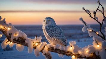 A snowy owl perched on a branch adorned with lights against a colorful sunset backdrop. photo
