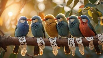 A group of colorful birds perched on a branch adorned with lace, basking in soft sunlight. photo
