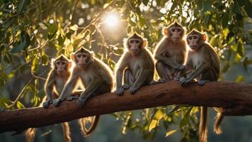 Five monkeys sitting on a branch, illuminated by sunlight through leaves. photo