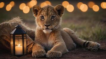 A young lion cub rests beside a lantern, illuminated by soft bokeh lights in the background. photo