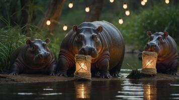 Three hippos by a river holding lanterns, illuminated by string lights in a serene setting. photo