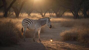 A zebra stands near a lantern in a serene landscape at sunset. photo