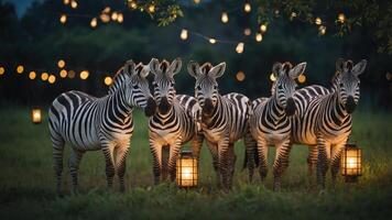 A group of zebras gathered in a field illuminated by lanterns and string lights at dusk. photo