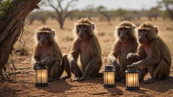 Four monkeys sitting with lanterns in a natural landscape. photo