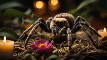 A close-up of a spider surrounded by candles and flowers, creating a serene atmosphere. photo
