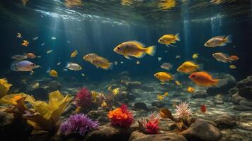 Underwater scene with colorful fish and vibrant aquatic plants in a serene environment. photo