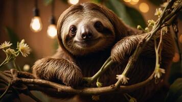 A smiling sloth resting on a branch surrounded by flowers and warm lights. photo