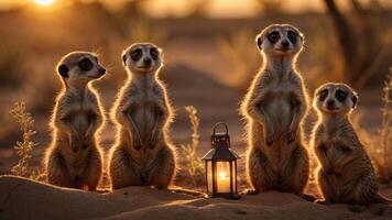 Four meerkats standing by a lantern during sunset in a desert setting. photo