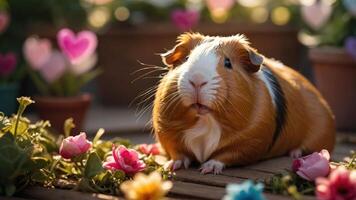 A cute guinea pig surrounded by colorful flowers in a warm, sunny setting. photo