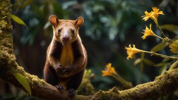 A marsupial perched on a branch surrounded by flowers in a lush environment. photo