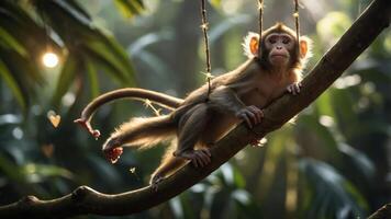 A playful monkey lounging on a branch in a lush, green environment. photo