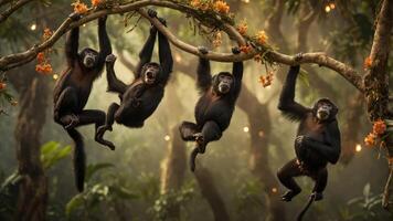Four monkeys hanging from a branch in a lush, vibrant jungle setting. photo