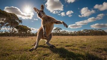 A kangaroo standing in a grassy field under a bright sky with clouds. photo