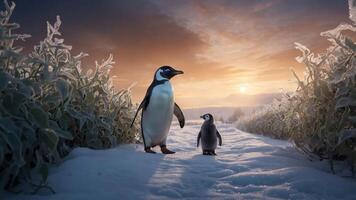 Two penguins stand on a snowy path during a beautiful sunrise. photo