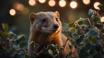 A close-up of a mongoose among greenery with soft lights in the background. photo