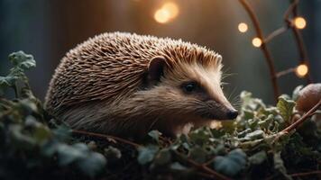 A close-up of a hedgehog amidst greenery and soft lighting, evoking a serene atmosphere. photo