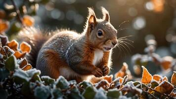 A close-up of a squirrel amidst frosty leaves, capturing nature's beauty and wildlife. photo