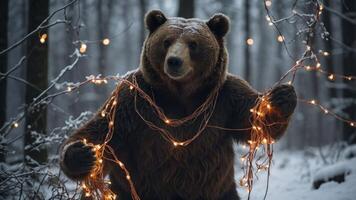 A bear adorned with glowing lights in a snowy forest setting. photo