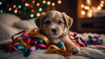 A cute puppy surrounded by colorful ribbons, creating a festive atmosphere. photo
