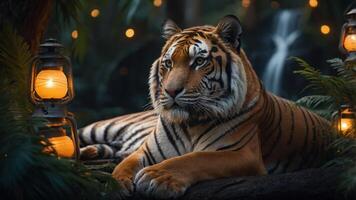 A majestic tiger rests in a lush, illuminated jungle setting with lanterns and a waterfall. photo