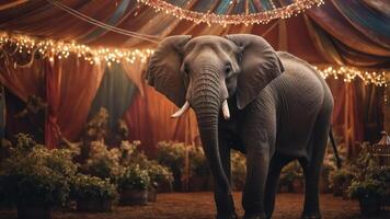 An elephant stands in a colorful circus tent adorned with lights and plants. photo