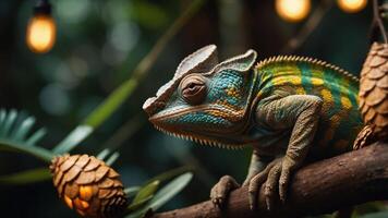 A colorful chameleon perched on a branch with pinecones and warm lights in a lush setting. photo