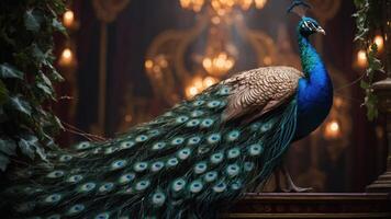 A majestic peacock displaying its vibrant plumage in an ornate setting. photo