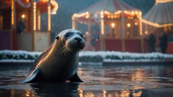 A seal swims in a festive setting with carnival tents in the background. photo