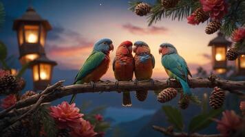 Vibrant parrots perched on a branch amidst a scenic sunset background. photo