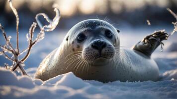 A seal resting on snow, illuminated by soft light, showcasing its features in a winter landscape. photo