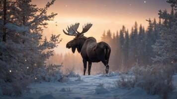 A majestic moose stands in a snowy landscape at dusk, surrounded by trees. photo