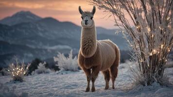 A serene llama stands in a snowy landscape at sunset, surrounded by frosty trees and lights. photo