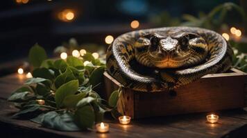 A coiled snake resting in a wooden box surrounded by greenery and soft candlelight. photo