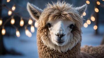 A close-up of a fluffy alpaca with festive lights in the background. photo