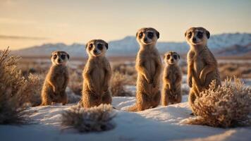 A group of meerkats standing in a snowy landscape during sunset. photo
