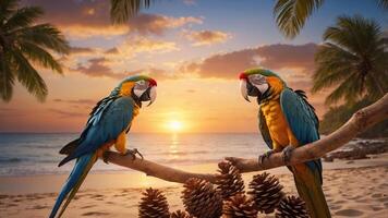 Two colorful macaws perched on a branch during a sunset on a tropical beach. photo