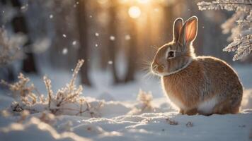 A serene rabbit in a snowy forest, illuminated by soft sunlight. photo