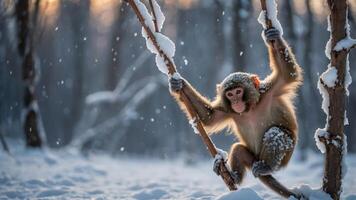 A monkey playfully hanging from branches in a snowy forest during winter. photo